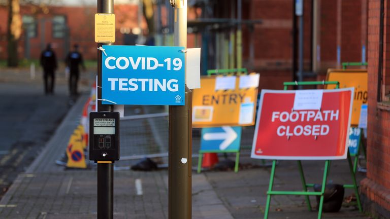 A Covid Testing sign on Belgrave Road, Leicester, at the start of a four week national lockdown for England.
