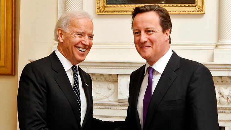 LONDON, ENGLAND - FEBRUARY 05:  US Vice President Joe Biden and Prime Minister David Cameron pose prior to their meeting in Downing Street on February 5, 2013 in London, England. Mr Biden also held meetings with Deputy Prime Minister Nick Clegg  during his European tour.  (Photo by Kerim Okten - Pool /Getty Images)
