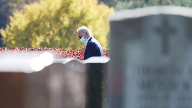WILMINGTON, DELAWARE - NOVEMBER 08: President-elect Joe Biden visits a family grave site after attending a mass at St. Joseph on the Brandywine Roman Catholic Church on November 08, 2020 in Wilmington, Delaware. Joe Biden became president-elect after beating incumbent President Donald Trump.  (Photo by Joe Raedle/Getty Images)