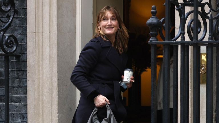 LONDON, ENGLAND - NOVEMBER 12:  Downing Street Press Secretary Allegra Stratton arrives at 10 Downing Street on November 12, 2020 in London, United Kingdom. Britain's political press was abuzz with rumours of tension at Number 10 following the resignation of communications director Lee Cain, whose departure was reported to have upset Dominic Cummings, senior aide to the prime minister and Vote Leave veteran. (Photo by Dan Kitwood/Getty Images)