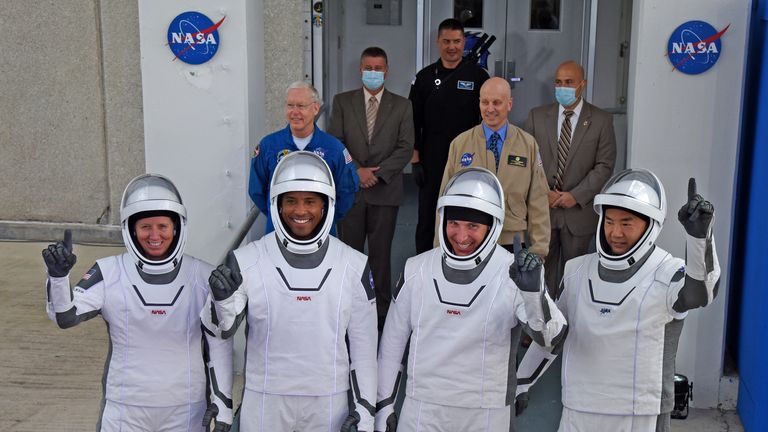 CAPE CANAVERAL, FL - NOVEMBER 15: (LR) NASA astronauts, mission specialist Shannon Walker, vehicle pilot Victor Glover, Commander Mike Hopkins, and Japan Aerospace Exploration Agency (JAXA) mission specialist, the Astronaut Soichi Noguchi exits operations and checkout On November 15, 2020, he is heading for the SpaceX Falcon 9 rocket with the Crew Dragon spacecraft on Launch Pad 39A at Kennedy Space Center on November 15, 2020 in Cape Canaveral, Florida.  This will mark the second launch of an astronaut from US soil by NASA and SpaceX and the first operational mission named Crew-1 to the International Space Station.  (Photo by Red Huber / Getty Images)