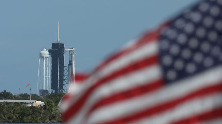 A SpaceX Falcon 9 rocket is seen at Launch Complex 39A at the Kennedy Space Center in Florida on November 15, 2020. - Four astronauts were ready to launch on the SpaceX Crew Dragon 