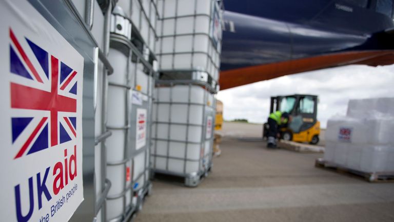 File photo of 8/13/2014 of a UK aid shipment waiting to be loaded onto an Antonov An-12B at East Midlands Airport.  Prime Minister Boris Johnson announced that he had merged the Department for International Development (Dfid) with the State Department, and created a new division, the Department of Foreign Affairs, the Commonwealth and Development.