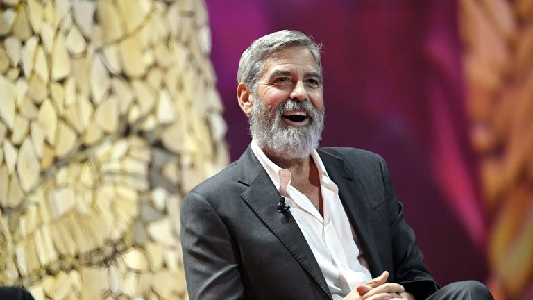 US actor and director George Clooney laughs during the Nordic Business Forum business seminar in Helsinki, Finland on October 10, 2019. (Photo by Heikki Saukkomaa / Lehtikuva / AFP) / Finland OUT (Photo by HEIKKI SAUKKOMAA/Lehtikuva/AFP via Getty Images)
