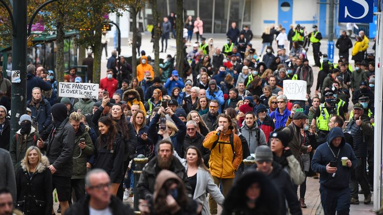 BOURNEMOUTH, ENGLAND - NOVEMBER 21: Anti-blockade protesters march through the city center on November 21, 2020 in Bournemouth, England.  (Photo by Finnbarr Webster / Getty Images)