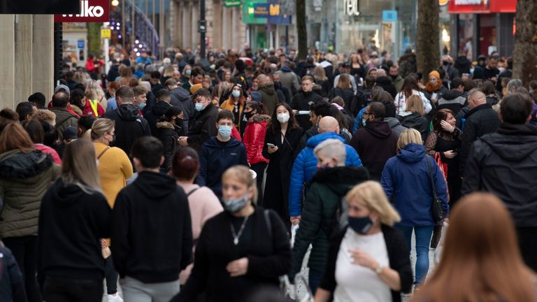 CARDIFF, WALES - NOVEMBER 21: A general view of a busy Queen Street on November 21, 2020 in Cardiff, Wales. Restrictions across Wales have been relaxed following a two-week "firebreak" lockdown which ran from October 23 to November 9. England went into lockdown on November 5 and will exit on December 2. (Photo by Matthew Horwood/Getty Images)