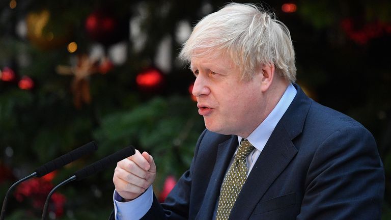 Britain's Prime Minister Boris Johnson delivers a speech outside 10 Downing Street in central London on December 13, 2019, following his Conservative party's general election victory. - UK Prime Minister Boris Johnson proclaimed a political "earthquake" Friday after his thumping election victory cleared Britain's way to finally leave the European Union after years of damaging deadlock over Brexit. (Photo by DANIEL LEAL-OLIVAS / AFP) (Photo by DANIEL LEAL-OLIVAS/AFP via Getty Images)