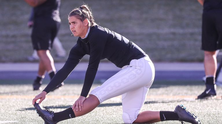 COLUMBIA, MISSOURI - NOVEMBER 28: Sarah Fuller #32 of the Vanderbilt Commodores warms up on the field prior to a game against the Mizzou Tigers at Memorial Stadium on November 28, 2020 in Columbia, Missouri. Fuller, a senior goalkeeper on Vanderbilt's SEC championship soccer team became the first woman to play in a Power 5 NCAA football game. (Photo by Hunter Dyke/Mizzou Athletics via Getty Images)