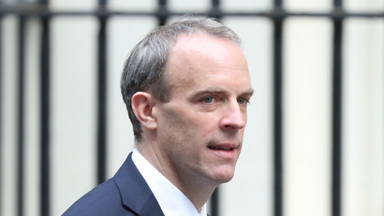 Foreign Secretary Dominic Raab arrives in Downing Street, London in the final week of a four week national lockdown to curb the spread of coronavirus.