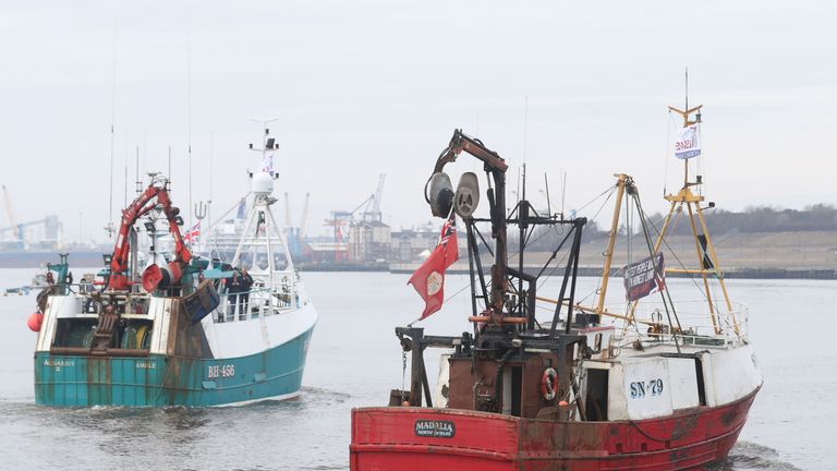 A flotilla of fishing boats leave South Shield Fish Quay, near Newcastle in a protest, organised by Campaign for an Independent Britain and Fishing for Leave, against the deal that will see the UK obeying the EU Common Fisheries Policy for the transition period of Brexit.