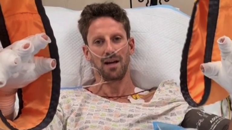 F1 driver Romain Grosjean gives an update on his condition after surviving a highspeed crash.