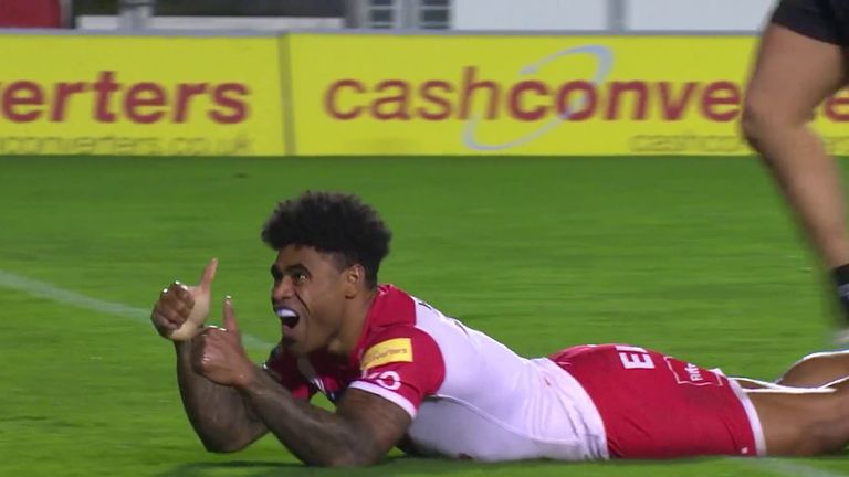 Kevin Naiqama intercepts and runs nearly the full length of the pitch to claim his third try of the night for St. Helens against Catalans.