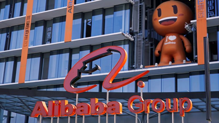 The Alibaba Group logo is seen during the company&#39;s 11.11 Singles&#39; Day global shopping festival at their headquarters in Hangzhou, Zhejiang province, China, November 11, 2020