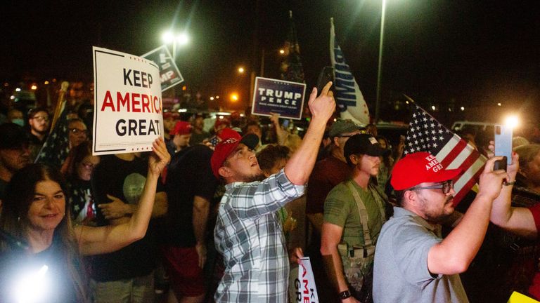 PHOENIX, AZ - NOVEMBER 04: Protesters in support of President Donald Trump gather to protest the election results at the Maricopa County Elections Department office on November 4, 2020 in Phoenix, Arizona. (Photo by Courtney Pedroza/Getty Images)