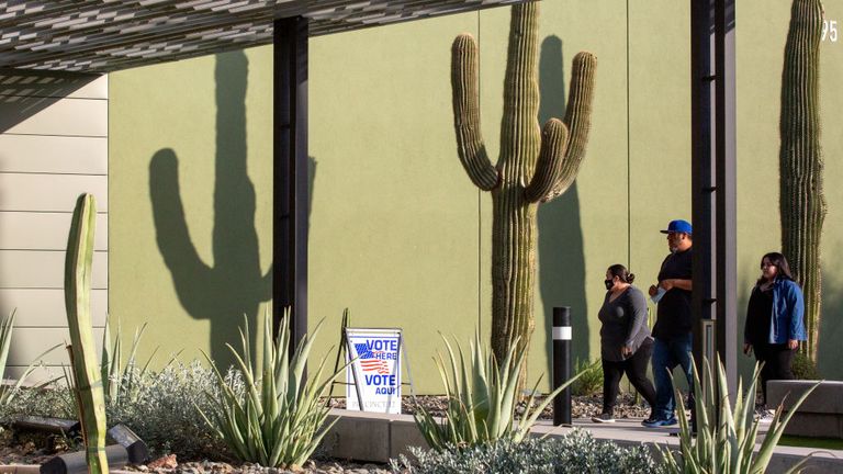 ELOY, AZ - NOVEMBER 03: Voters arrive at the Eloy City Hall polling location on November 3, 2020 in Eloy, Arizona. After a record-breaking early voting turnout, Americans head to the polls on the last day to cast their vote for incumbent U.S. President Donald Trump or Democratic nominee Joe Biden in the 2020 presidential election. (Photo by Courtney Pedroza/Getty Images)