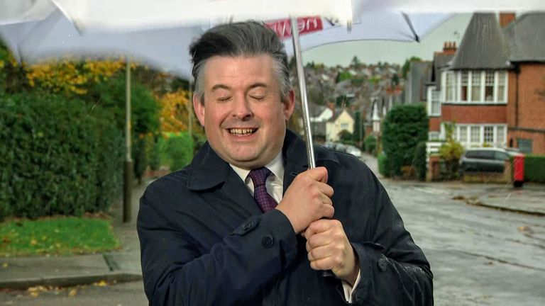 It&#39;s a wet and windy weekend for many - especially Labour&#39;s John Ashworth as he battles inside-out umbrellas and falling lights.