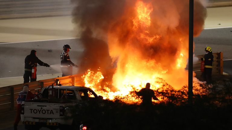 
BAHRAIN, BAHRAIN - NOVEMBER 29: A fire is pictured following the crash of Romain Grosjean of France and Haas F1 during the F1 Grand Prix of Bahrain at Bahrain International Circuit on November 29, 2020 in Bahrain, Bahrain. (Photo by Bryn Lennon/Getty Images)
