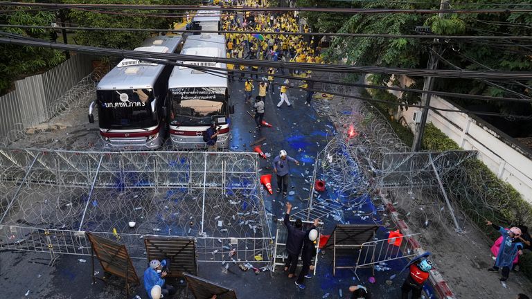 Destroyed road blockade is seen during an anti-government protest as lawmakers debate on constitution change, outside the parliament in Bangkok, Thailand, November 17, 2020. REUTERS/Athit Perawongmetha