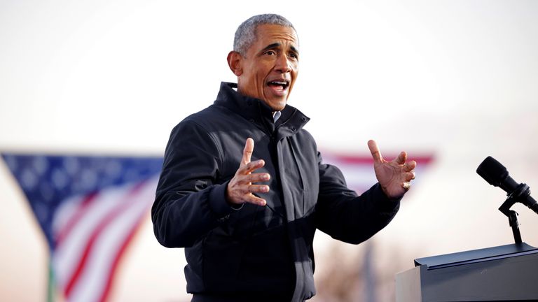 Barack Obama speaks at a campaign drive-in, mobilization event for Democratic U.S. presidential nominee and former Vice President Joe Biden