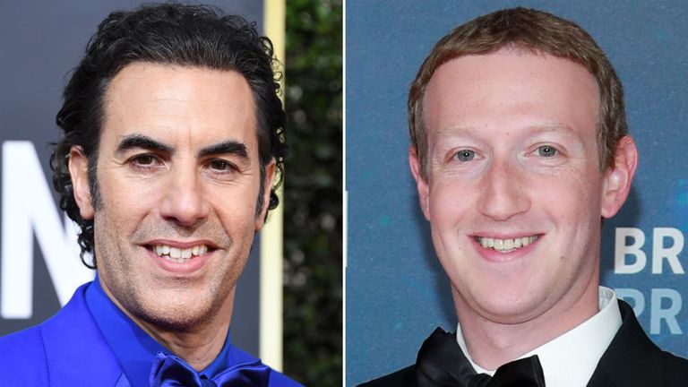 Sacha Baron Cohen, left, has targeted Mark Zuckerberg, right, in a tweet