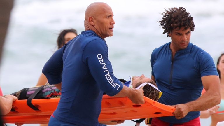 Dwayne "The Rock" Johnson is sighted on the film set of "Baywatch" on February 23, 2016 in Deerfield Beach, Florida. (Photo by Carlos Marino/GC Images)
