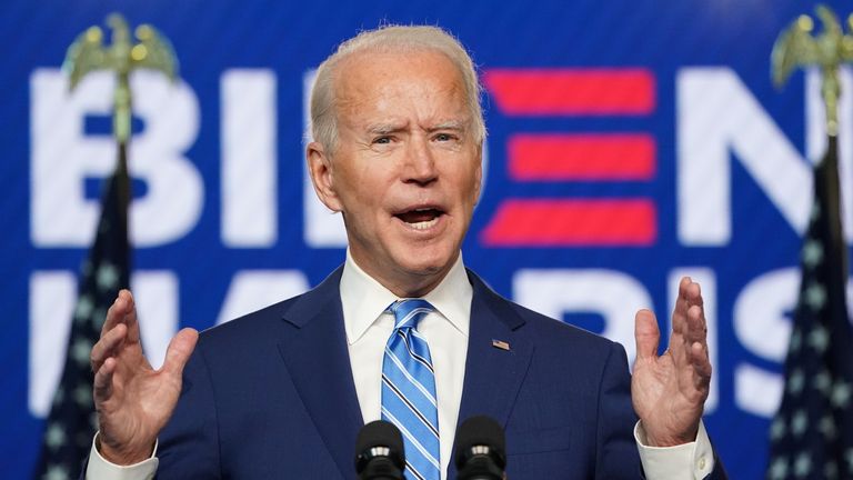 U.S. Democratic presidential nominee and former Vice President Joe Biden speaks about voting results from the 2020 U.S. presidential election during an appearance in Wilmington, Delaware, U.S., November 4, 2020. REUTERS/Kevin Lamarque