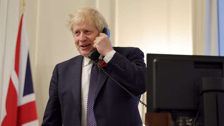 Picture released by Number 10 of Boris Johnson on the phone with Joe Biden. Pic: Andrew Parsons/Number 10