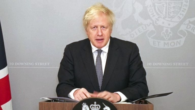 Prime Minister Boris Johnson appears via video link from 10 Downing Street to make a statement to the House of Commons in London, setting out plans for a new three-tier system of controls for coronavirus, which will come into place once lockdown ends in England.