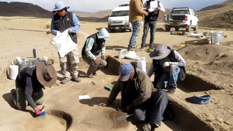 Undated handout photo issued by University of California, Davis and the journal Science Advances of excavations at Wilamaya Patjxa site in Peru.