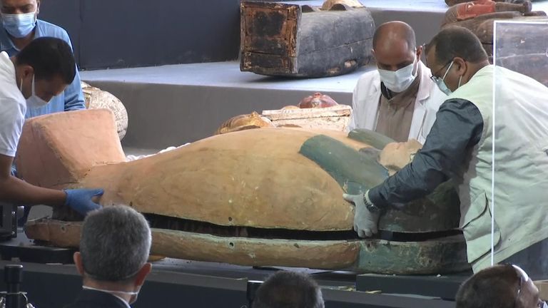 Egyptian officials announced the discovery of at least 100 ancient coffins. some containing mummies buried over 2,500 years ago