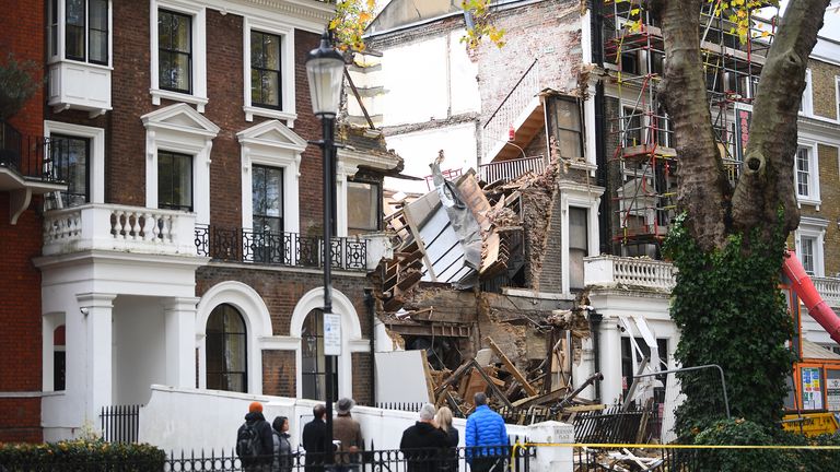 The scene in Durham Place in Chelsea, west London, after two mid-terrace houses collapsed. The two properties, which were undergoing renovation work, collapsed late on Monday evening, causing emergency services to evacuate nearby homes. Nobody was thought to be hurt, according to the London Fire Brigade.