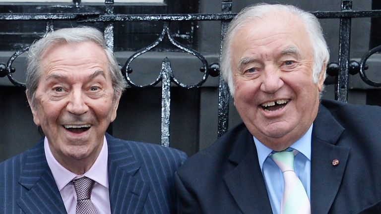 Des O'Connor and Jimmy Tarbuck outside the London Palladium in 2018