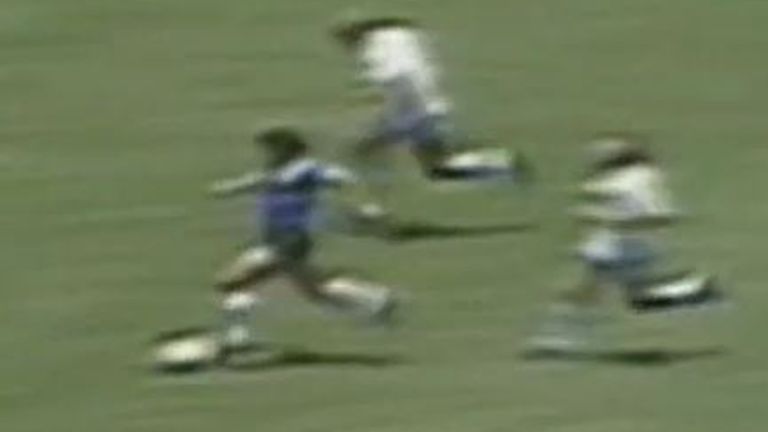 Diego Maradona glides past everyone to score second goal against England in 1986 World Cup