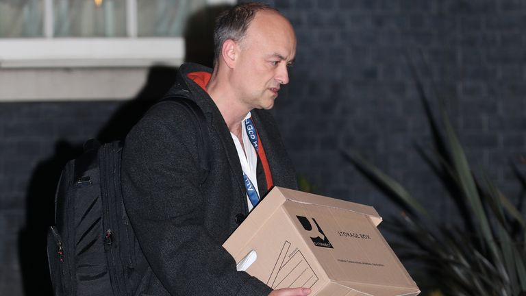 Prime Minister Boris Johnson&#39;s top aide Dominic Cummings leaves 10 Downing Street, London, with a box, following reports that he is set to leave his position by the end of the year.