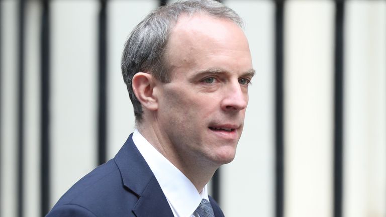 Foreign Secretary Dominic Raab arrives in Downing Street, London in the final week of a four week national lockdown to curb the spread of coronavirus.