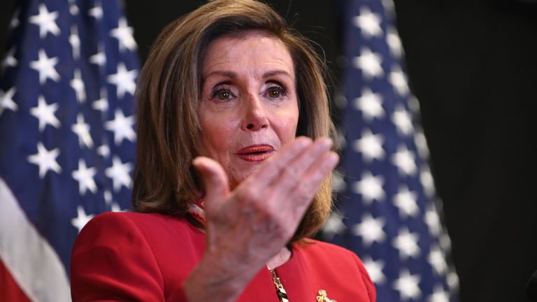 WASHINGTON, DC - NOVEMBER 03: U.S. Speaker of the House Nancy Pelosi (D-CA) speaks to media at the Democratic National Committee headquarters on Capitol Hill on November 3, 2020 in Washington, DC. (Photo by Erin Scott - Pool/Getty Images)