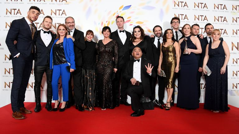 LONDON, ENGLAND - JANUARY 28: Cast members including Jurell Carter, Matthew Wolfenden, Natalie J. Robb, Jonny McPherson, Bhasker Patel, Lisa Riley, Rebecca Sarker, Mark Charnock, Danny Miller and Jonathan Wrather, accepting the Serial Drama award for "Emmerdale", pose in the winners room during the National Television Awards 2020 at The O2 Arena on January 28, 2020 in London, England. (Photo by Gareth Cattermole/Getty Images)
