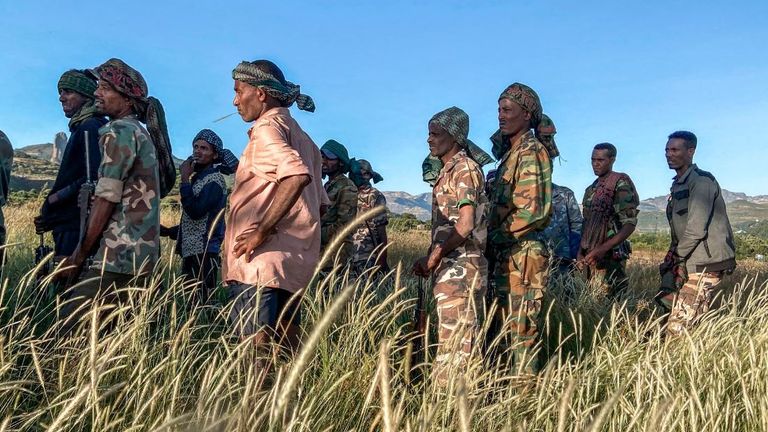 Amhara militia men receive training in the outskirts of the village of Addis Zemen