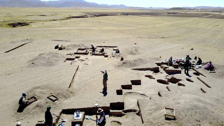 Undated handout photo issued by University of California, Davis and the journal Science Advances of excavations at Wilamaya Patjxa site in Peru.