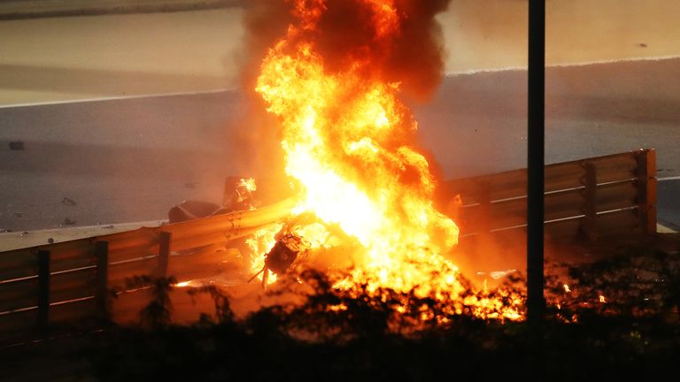 A fire is pictured following the crash of Romain Grosjean of France