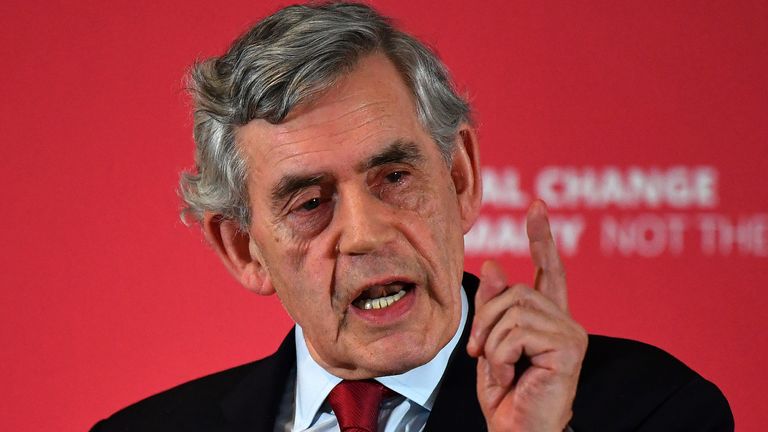 GLASGOW, SCOTLAND - MAY 20: Former Labour Prime Minister Gordon Brown, speaks at an European Parliament election campaign rally as he joins Scottish Labour leader Richard Leonard and the party’s candidates at The Lighthouse on May 20, 2019 in Glasgow, Scotland. 