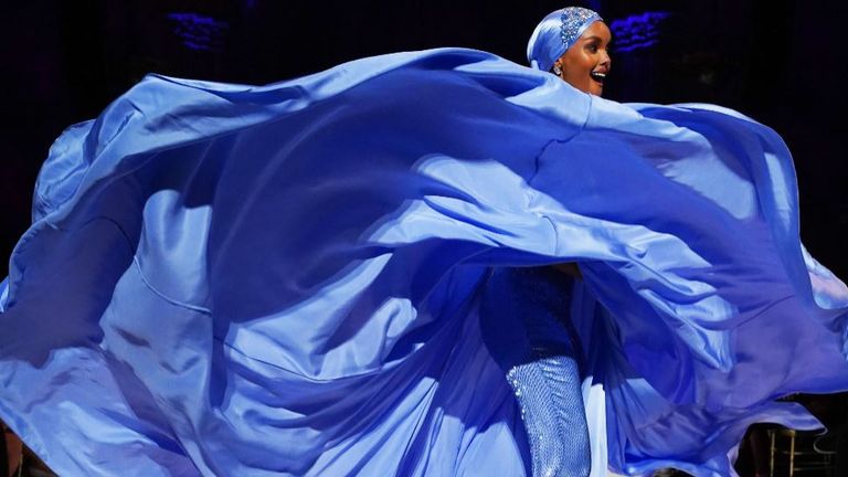 Halima Aden walks the runway during the Sherri Hill NYFW Spring 2020 runway show