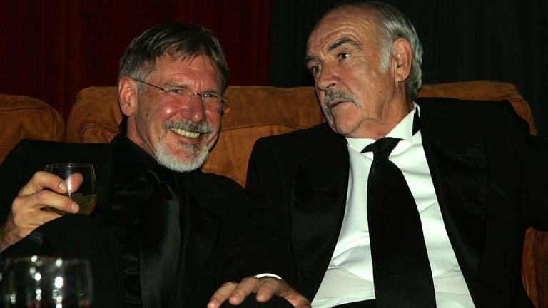 Harrison Ford and Sean Connery attend the after party for the 34th AFI Life Achievement Award tribute to Sir Sean Connery held at the Kodak Theatre on June 8, 2006 in Hollywood, California