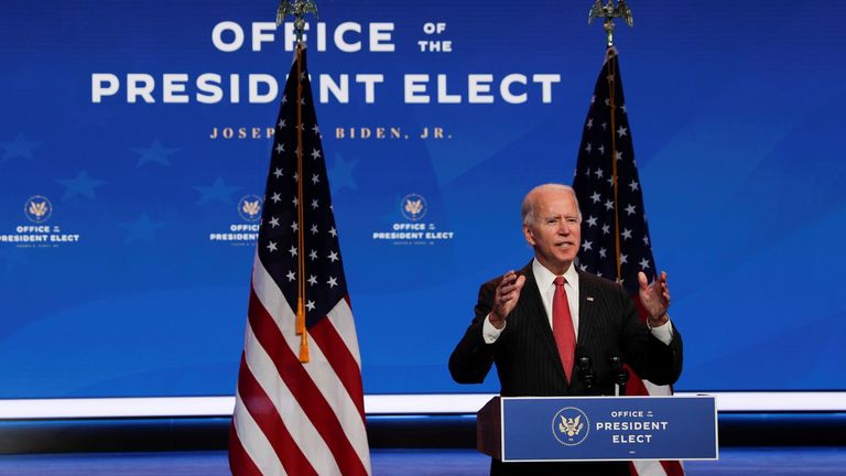 U.S. President-elect Joe Biden speaks to reporters following an online meeting with members of the National Governors Association (NGA) executive committee in Wilmington, Delaware, U.S., November 19, 2020. REUTERS/Tom Brenner