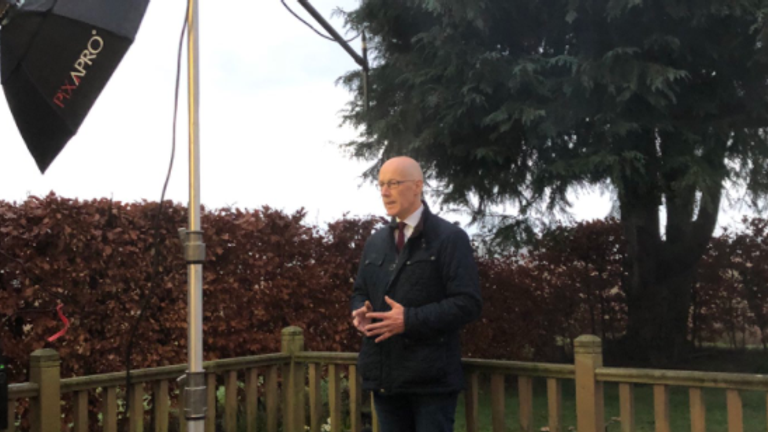 John Swinney SNP deputy first minister and Education Secretary delivers his 2020 SNP conference speech from his back garden. Pic: John Swinney Twitter