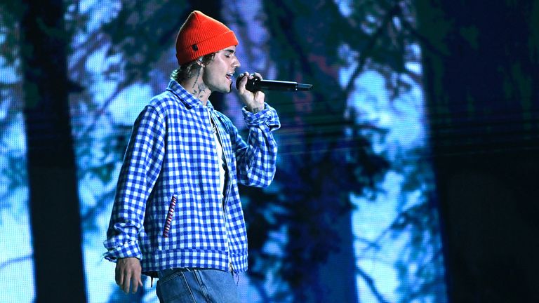 Justin Bieber performs for the 2020 American Music Awards at Microsoft Theater on November 22, 2020 in Los Angeles, California