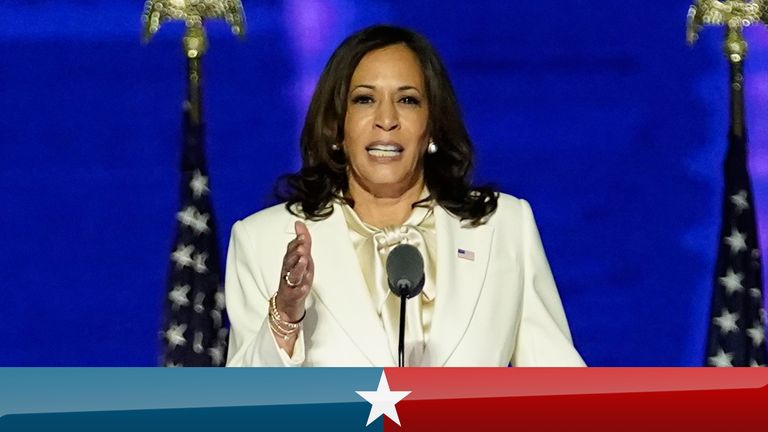 Vice President-elect Kamala Harris delivers remarks in Wilmington, Delaware, on November 7, 2020, after being declared the winners of the presidential election
