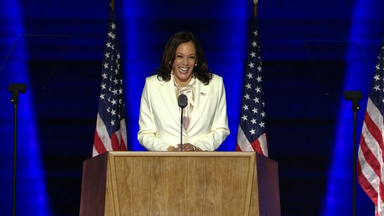 Kamala Harris gives a victory speech as she becomes the first vice president-elect woman of colour.