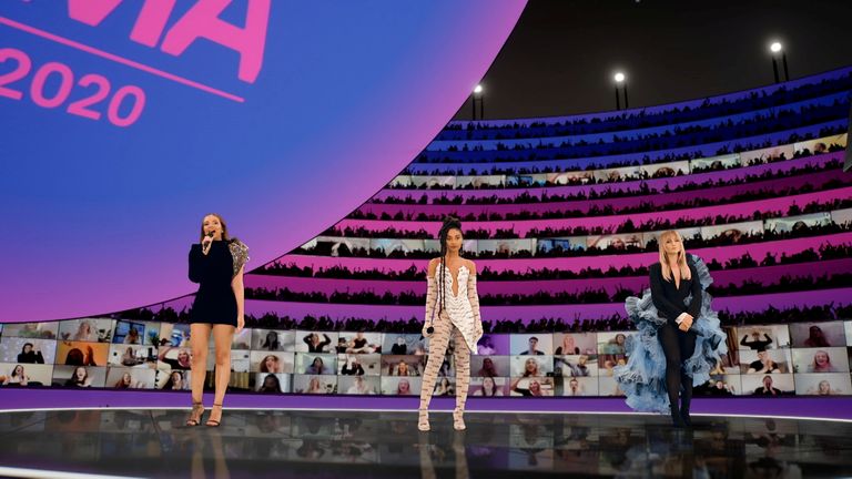 Hosts Jade Thirlwall, Leigh-Anne Pinnock and Perrie Edwards of Little Mix presents at the MTV EMA&#39;s 2020