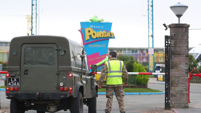 Soldiers at Pontin's in Southport, where they will stay before the start of massive Covid-19 testing in Liverpool.